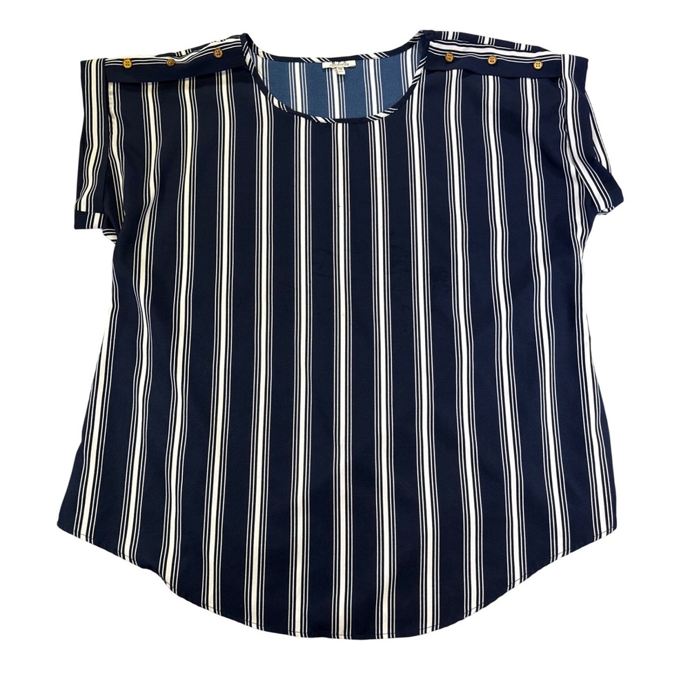 MPH Collection Womens 2X Navy Blue White Striped Button Shoulder Blouse‎ Top